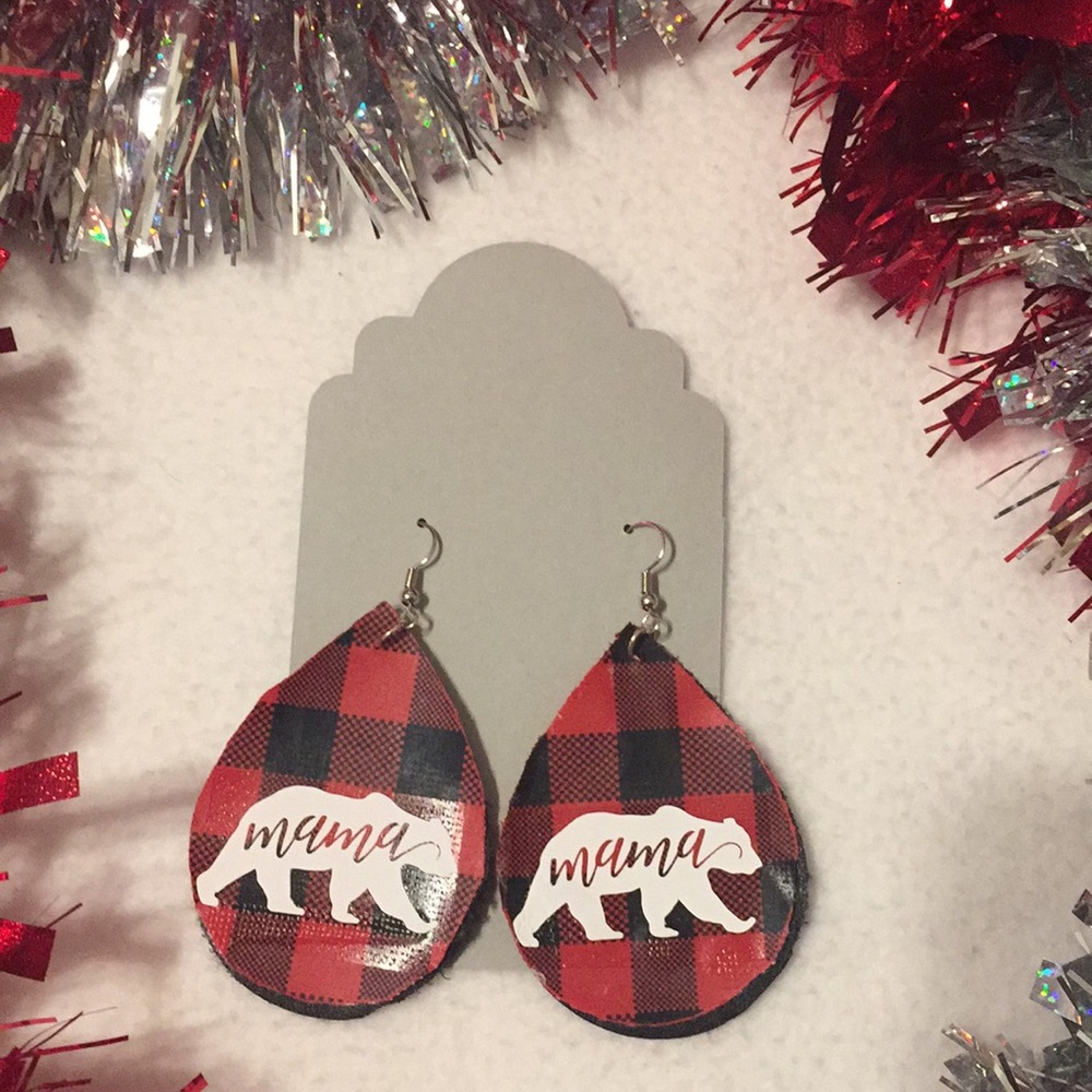 Faux leather handmade mama bear earrings